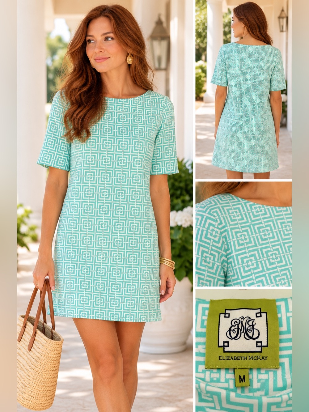 Elizabeth McKay Mint Green & White Geometric Shift Dress Size M
